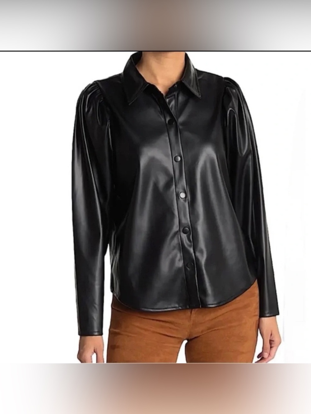 Laundry by Shelli Segal Faux Leather Black Puff Sleeve Blouse Shacket in Size S